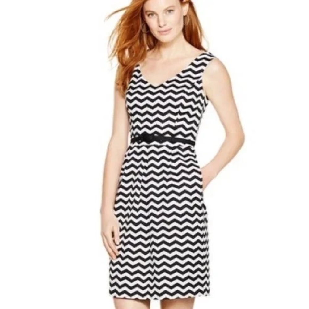 WHBM Black Chevron Stripe Mini Dress Belted A-line White House Black Market 4